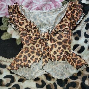 Leopard print mesh ruffle crop top